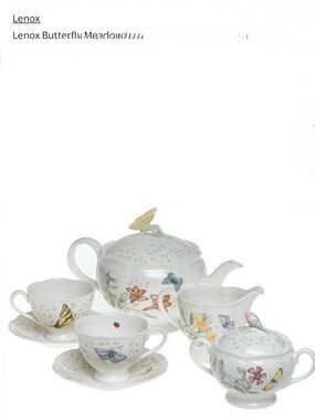 Lenox Butterfly Meadow Porcelain Tea Set with Multicolored Butterfly Accents.